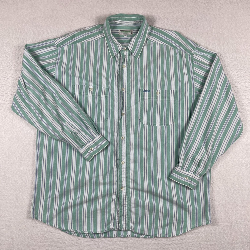 Vintage Guess Shirt by Georges Marciano Mens Medium Green Blue Striped USA 90s